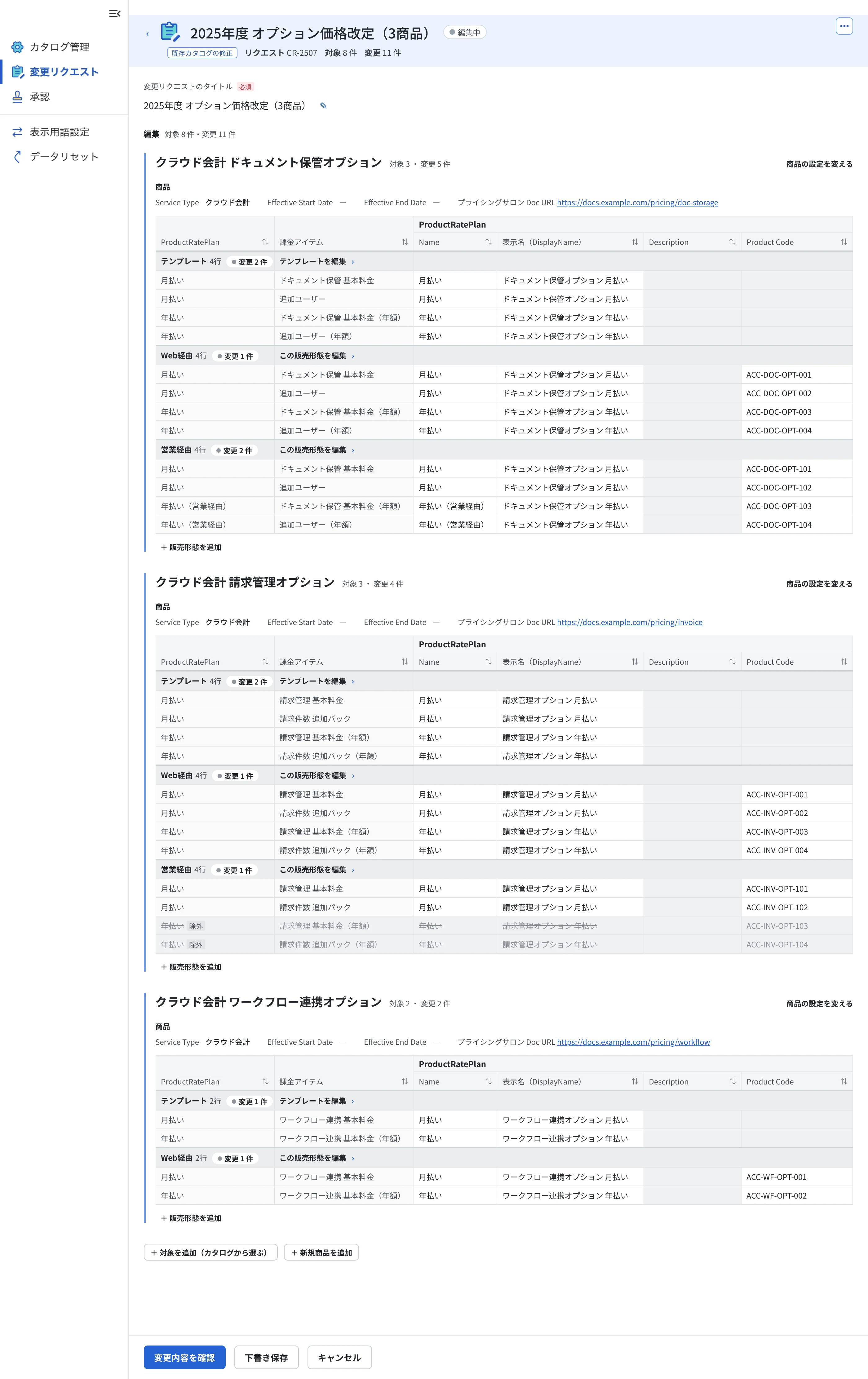 作り直した編集画面。変更リクエストに含まれる商品ごとに表があり、テンプレート・Web経由・営業経由ごとに行がまとまっている。セルを直接書き換えて編集する