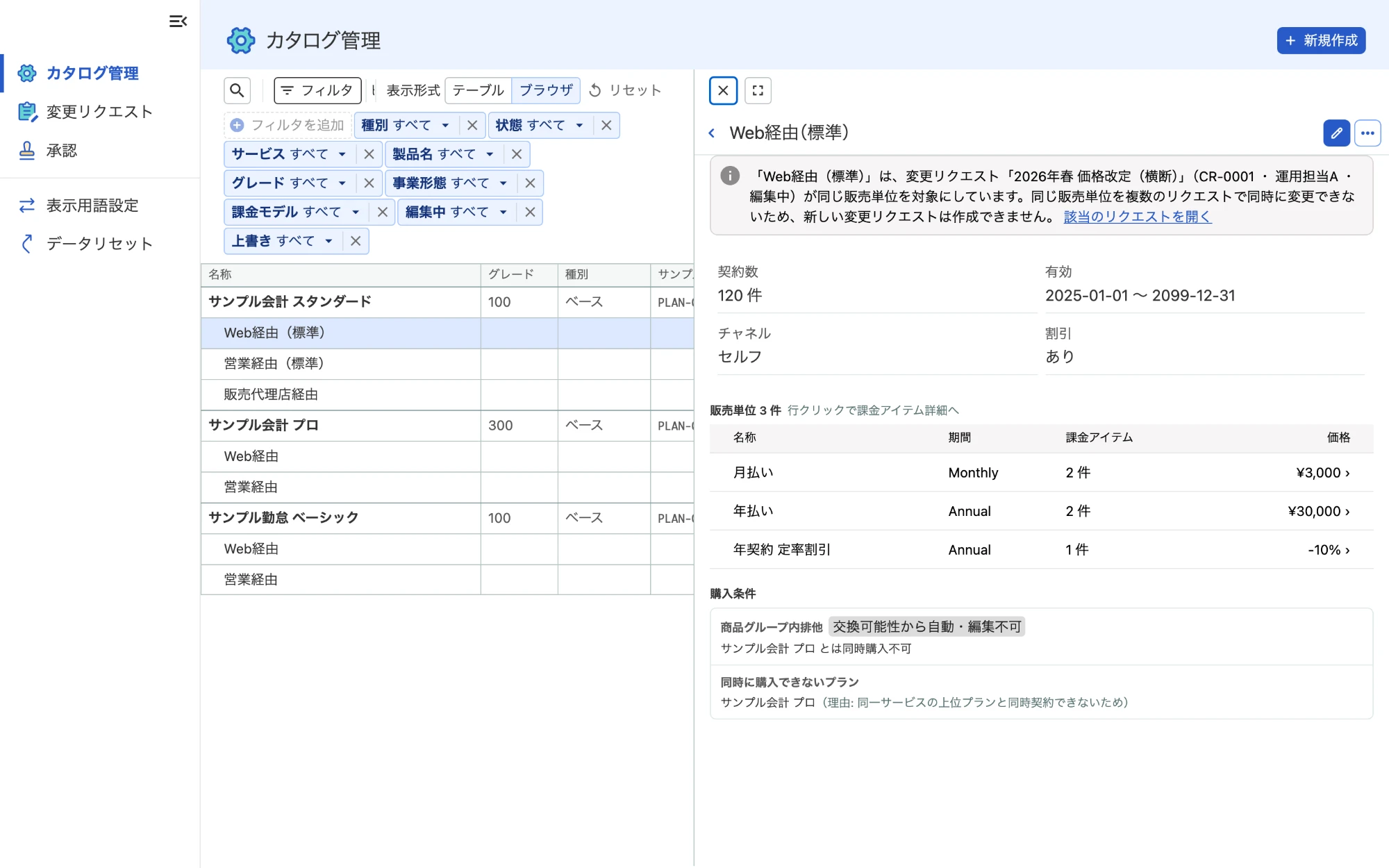 閲覧のツリー表示。商品の下に販売形態が並び、選んだ販売形態の詳細が右側に表示される